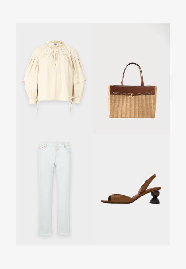 Hofmann Copenhagen SHARON - Bluse - oyster; Helle Denim-Jeans mit geradem Bein, einem ausgefransten Saum, kupferfarbenen Hardware-Elementen und einem Fünf-Taschen-Design.; Braune Slingback-Sandale mit offenem Zehenbereich und einem markanten runden, zweiteiligen Holzabsatz vor hellem einfarbigem Hintergrund.; Rechteckige gewebte Strohtasche mit braunen Lederbesätzen, schmalem Gürtel-Detail und zwei Ledergriffen vor einem schlichten hellen Hintergrund.