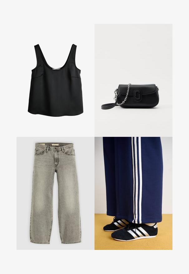 Schwarzes ärmelloses Top mit Rundhalsausschnitt und breiten Schulterträgern aus glattem Stoff, vor weißem Hintergrund dargestellt.; Helle graue, weite Jeans aus Denim. Verfügt über die traditionelle Fünf-Taschen-Optik und leichte Ausbleichungen im gesamten Stoff.; Marineblaue Sweatpants mit drei weißen vertikalen Streifen und schwarzen Sportschuhen mit silbernen Streifen und strukturierten Oberflächen. Gelber Boden.; Schwarze Leder-Crossbody-Tasche mit silberner Kette und schwarzem Riemen, vordere Klappe mit abgerundetem rechteckigem Logodetail, auf weißem Hintergrund.