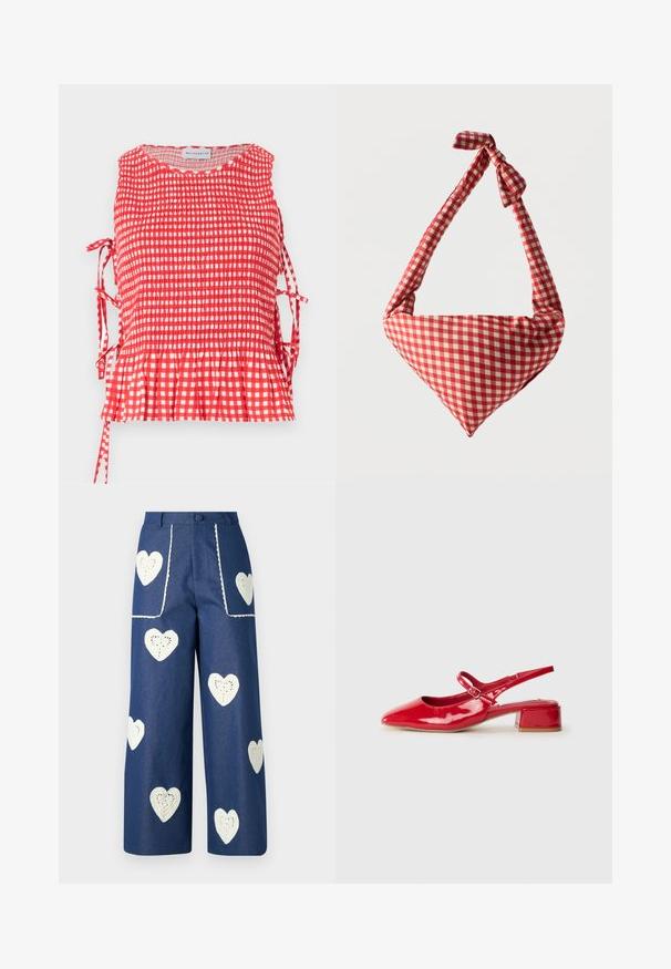 Rød- og hvidternet ærmeløs top med smocket krop, bindebånd i siden og flæsekant, mærket Maisonétre.; Sister Jane HEART TO HEART - Jeans Straight Leg - blue denim; Røde skulderremssko i laklæder med spids tå, justerbar rem og lav firkantet hæl. Glat tekstur og blank finish.; Blød stofskuldertaske med rødt og hvidt ternet mønster, håndtag med bundet knude og trekantet form mod en ensfarvet baggrund.