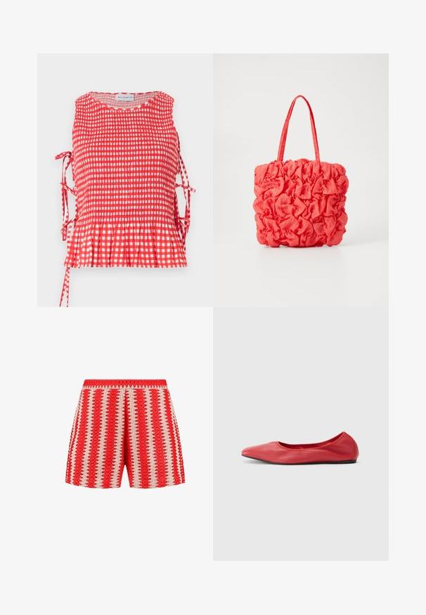 Top sin mangas de cuadros rojos y blancos con cuerpo fruncido, lazos laterales y dobladillo con volantes, etiquetado Maisonétre.; Pantalones cortos rojos con una tela texturizada con rayas verticales blancas y un patrón en forma de concha. Cintura elástica y diseño de corte holgado.; Filippa K REY FLATS - Bailarinas - bright red; Bolsa de mano coral con un diseño texturizado y fruncido. Hecha de una tela suave, cuenta con dos asas resistentes y un interior espacioso.