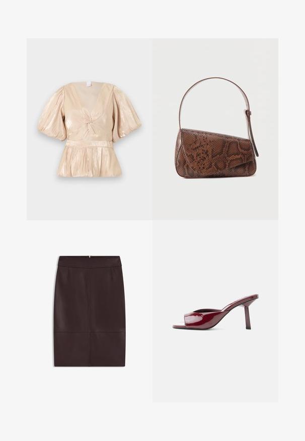 Glanzend beige blouse met diepe V-hals, korte pofmouwen, gedraaide knoop aan de voorkant en een geplooide peplum taille.; Bordeaux leren pencilrok met een soepele textuur, voorzien van plooien aan de voorkant en een verborgen rits aan de achterkant voor sluiting.; Glinsterende bordeauxrode open-teen mule met een slanke, middelhoge hak en een gebogen voetbed, op een effen witte achtergrond.; Bruine leren schoudertas met slangenhuidpatroon, voorzien van een klepsluiting en een enkele verstelbare riem, tegen een effen achtergrond.