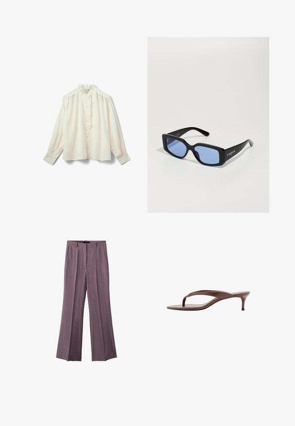 Blouse blanche à manches longues avec col mandarin, dotée d'une fermeture à boutons sur le devant et d'un plastron à volants, réalisée en tissu doux et léger.; Pantalon à jambes larges de couleur lavande douce, confectionné dans un tissu léger avec une finition texturée. Comprend des plis à l'avant et une taille standard.; Sandale en cuir marron avec lanière, petit talon « kitten » et bout carré, vue de profil sur fond blanc.; Lunettes de soleil rectangulaires noires avec des verres bleus, dotées d'une monture épaisse et de la marque "vogue" en blanc sur les côtés. Fini brillant.