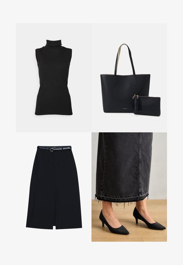 Sort ærmeløs turtleneck top lavet af ribbet stof, med høj hals og tætsiddende silhuet. Glat tekstur med minimal detaljering.; Sort knælang nederdel med en foran slids, lavet af glat stof. Har et tyndt sort bælte med en sølvfarvet spænde og bæltestropper.; Sorte ruskindpumps med spids tå og en 3 tommer hæl, parret med en lang, mørk denimskørt med frynset kant.; Sort tote taske med struktureret materiale, to lange håndtag og en aftagelig lynlåspose med en frynse-detalje. Guld mærkelogo synligt.