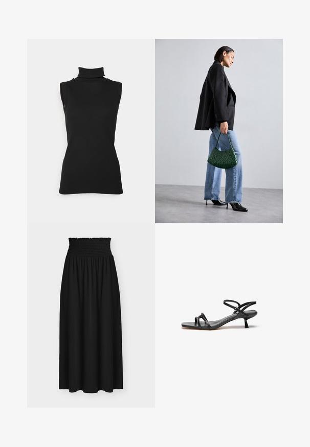 Top noir sans manches en maille côtelée, avec un col haut et une silhouette ajustée. Texture lisse avec un minimum de détails.; Jupe maxi noire avec large ceinture élastique smockée et tissu fluide sous la taille.; Sandale en cuir noir au design épuré et minimaliste. Dotée de deux fines lanières et d'un petit talon incliné. Texture lisse et bout ouvert.; DRAGON DIFFUSION ROSANNA - Sac à main - forest