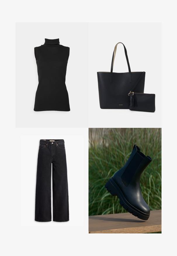 Schwarzes ärmelloses Rollkragenoberteil aus geripptem Stoff, mit hohem Kragen undtaillierter Silhouette. Glatte Textur mit minimalen Details.; Schwarze weite Jeans aus Denim mit fünf Taschen, Kupferrivets und einem klassischen Knopfverschluss. Glatte Textur mit einem klaren Design.; Schwarze Leder-Stiefeletten mit schlankem Design, abgerundeter Spitze, elastischen Seitenpaneelen und klobigen, strukturierten Gummisohlen.; Schwarze Tragetasche aus strukturiertem Material, mit zwei langen Griffen und einem abnehmbaren Reißverschlussbeutel mit Quastendetail. Goldenes Markenlogo sichtbar.