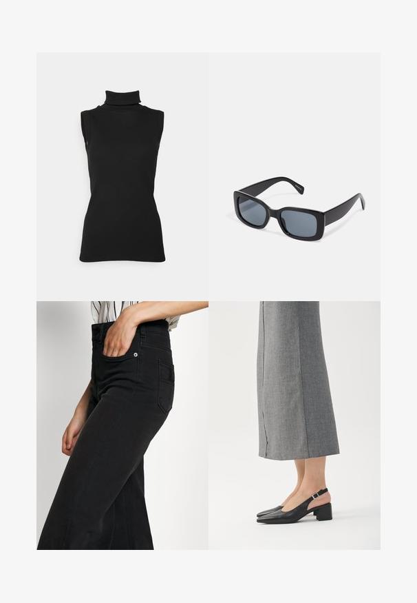 Zwarte mouwloze turtleneck top van ribstof, met een hoge hals en een getailleerde pasvorm. Gladde textuur met minimale details.; Zwarte denim wijde pijpen jeans met een hoge taille, een voorzak en een achterzak met patch. Gladde textuur met minimale stiksel details.; Zwarte leren slingback schoenen met een puntige neus, blokhak en een contrasterend roze hielaccent. Gladde textuur met een minimalistisch ontwerp.; Zwarte rechthoekige zonnebril met donkere getinte lenzen, een dik plastic montuur en brede scharnieren. Glad oppervlak en hoekig ontwerp.