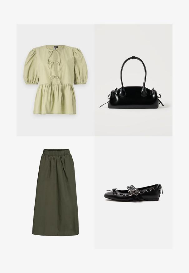 Blusa verde claro de manga corta con mangas abullonadas, concorde en la parte delantera y cintura fruncida. Hecha de una tela ligera con una textura suave.; Falda de color verde oliva, hasta los tobillos, con cinturilla elástica con fruncido y una textura de tela suave y ligeramente arrugada.; Zapato de ballet plano negro con correas de doble hebilla, ojales plateados y un pequeño lazo cerca de la puntera redondeada sobre un fondo blanco.; Pequeño bolso negro brillante con dos asas largas y detalles de cordón lateral sobre un fondo claro liso.