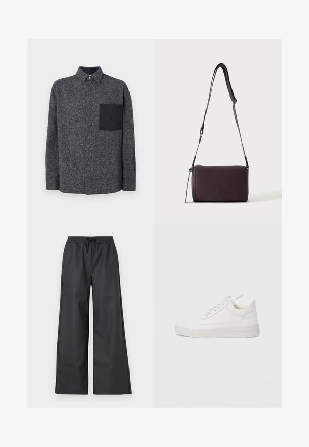 Iceberg Overhemd - fantasia mix di grigi; Han Kjøbenhavn RELAXED TRACK TROUSERS - Broek - black; Witte leren sneaker met een afgeronde neus, platte zool en veters aan de voorkant. Voorzien van stikseldetails en een gevoerde kraag voor comfort.; Donkerbruine gestructureerde leren crossbodytas met verstelbare riem en klein decoratief blauw accent aan de zijkant.
