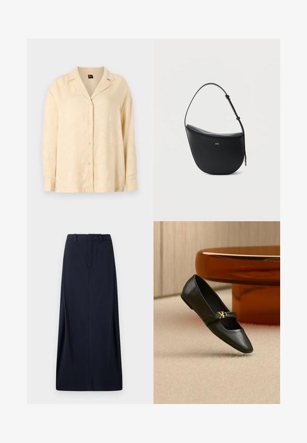 Chemise beige clair à col cranté, à manches longues, avec une texture subtile à motifs de feuilles de palmier. Les boutons sont ton sur ton.; Jupe longue bleu marine en tissu tissé, avec une coupe droite, des passants de ceinture et une fermeture éclair dissimulée. Lignes épurées et design minimal.; Chaussure plate en cuir noir avec bout pointu et logo CK doré sur la bride, posée sur un tapis beige près d'une table ronde couleur ambre brun.; Sac à bandoulière en cuir noir en forme de demi-lune avec une bandoulière réglable et le logo doré « BOSS » centré sur le devant.