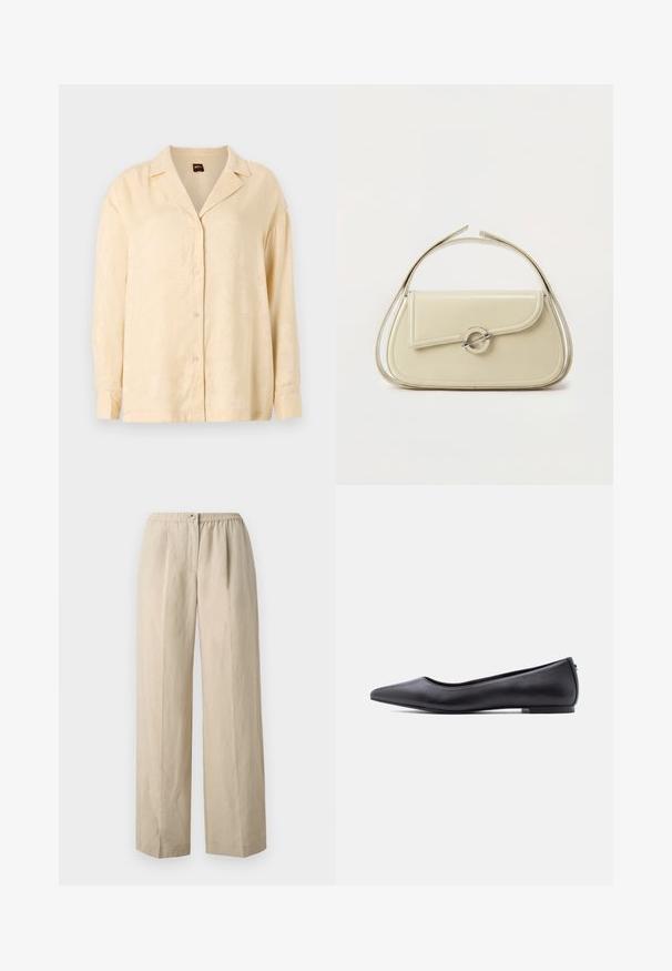 Lys beige skjorte med knaplukning, der har en slået krave, lange ærmer og en subtil tekstur med palmeblade. Knapperne er i samme farve.; Beige, vide bukser lavet af blødt stof med en indsamlet elastisk talje og en frontknaplukning. Glat tekstur med læg.; Sort flad lædersko med spidst tåparti og lav hæl, vist i sideprofil mod en hvid baggrund.; Cremefarvet læderhåndtaske med buet klap, cirkulært sølvspænde og kort topstrop på en ens hvid baggrund.