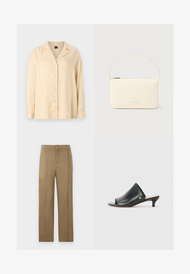 Hellbeige Hemd mit Knopfleiste, das einen angeschnittenen Kragen, lange Ärmel und eine subtile Textur im Palmblattmuster aufweist. Die Knöpfe sind ton-in-ton.; Khaki-Hosen aus glattem Stoff, mit einer mittelhohen Taille, geradem Bein und zwei vertikalen Nähten für zusätzlichen Details.; Schwarze Leder-Pantoletten mit offenen Zehen und niedrigem Absatz. Sie verfügen über eine glatte Oberfläche und ein goldenes Logo-Detail an der Seite.; Rechteckige Handtasche in Cremefarbe mit einem einzelnen Trageriemen und Reißverschluss oben, ausgestattet mit einer kleinen, geprägten Logoplakette vorne.