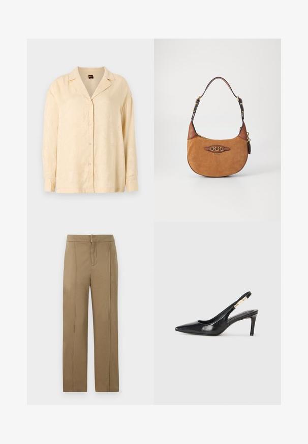 Lys beige skjorte med knaplukning, der har en slået krave, lange ærmer og en subtil tekstur med palmeblade. Knapperne er i samme farve.; Khaki bukser lavet af glat stof, med en mellemhøj talje, lige ben-design og to lodrette sømme for ekstra detaljer.; Sort læder slingback højhælede sko med spidse tæer, glat overflade og en smal ankelrem med guldfarvede hardware detaljer.; Brun ruskinds skuldertaske med et bronze-logo, glatte læderdetaljer, justerbar strop og gyldent hardware. Rundet form og lynlås-lukning.