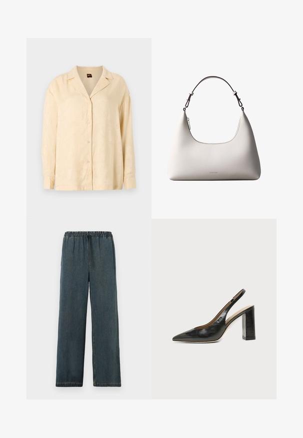 Chemise beige clair à col cranté, à manches longues, avec une texture subtile à motifs de feuilles de palmier. Les boutons sont ton sur ton.; Pantalons en denim bleu marine avec une taille élastique et un cordon de serrage. Design à jambe large avec des ourlets finis et une surface lisse et texturée.; Chaussure slingback en cuir noir à bout pointu avec un talon bloc haut et une doublure intérieure beige sur un fond clair uni.; Sac à bandoulière en cuir couleur crème de Calvin Klein avec bord supérieur incurvé, fermeture éclair argentée et sangle ajustable brun foncé.
