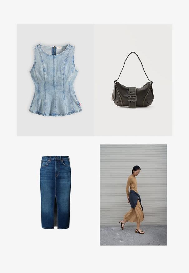 Ärmelloses hellblaues Denim-Oberteil mit vertikalen Nähten, rundem Ausschnitt, tailliertem Schnitt und Reißverschluss an der Rückseite.; Dunkelblauer Jeans-Midirock mit vorderem Schlitz, Knopfverschluss, Gürtelschlaufen und Fronttaschen.; Frau geht in einem langen beigen Kleid und schwarzen Sandalen, mit einem dunklen Pullover, der um ihre Taille gebunden ist, vor einem geschlossenen Rollladenhintergrund.; Schwarze Leder-Schultertasche mit Schnallengurt-Detail, abgerundeten Kanten und kontrastierenden weißen Nähten auf schlichtem Hintergrund.