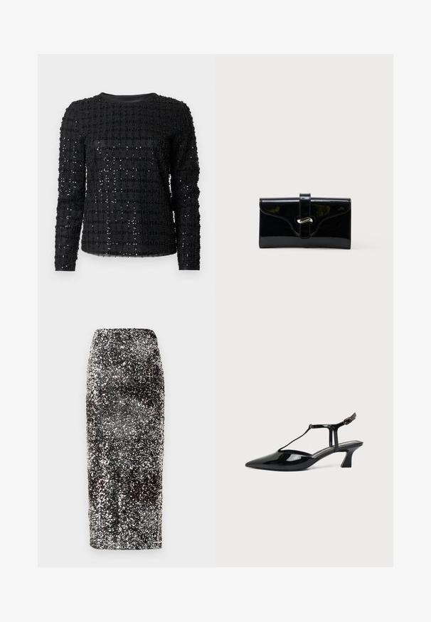 Haut noir à manches longues avec un motif en grille de petites perles brillantes sur un tissu lisse. Encolure ronde et silhouette ajustée.; Jupe crayon à sequins avec un design élégant et ajusté. Présente des sequins noirs et argentés qui créent un effet scintillant.; Chaussure slingback en cuir verni noir à bout pointu avec bride en T et petit talon bloc incliné sur fond blanc.; Portefeuille rectangulaire brillant noir avec une sangle frontale et une fermeture à boucle en métal argenté, présenté sur un fond blanc uni.
