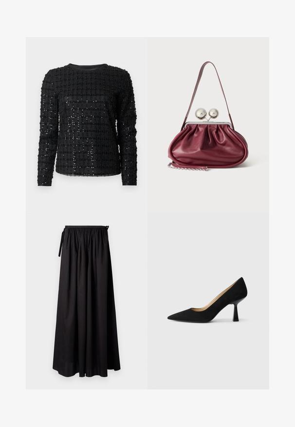 Black long-sleeve top featuring a grid pattern of small, shiny beads on a smooth fabric. Crew neckline and fitted silhouette.; Black maxi skirt made of lightweight fabric, featuring an elastic waistband with ties, and a flowy design with a smooth texture.; Black suede high-heeled pump with a pointed toe, featuring a glossy black block heel and a smooth interior lining.; Small burgundy leather handbag with gathered details, a thin strap, and a silver clasp featuring two large round knobs.