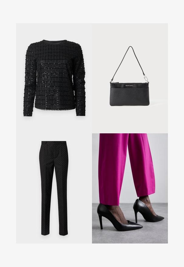 Haut noir à manches longues avec un motif en grille de petites perles brillantes sur un tissu lisse. Encolure ronde et silhouette ajustée.; Pantalon noir coupe slim, avec un motif discret de petits pois blancs, deux poches avant et une texture de tissu lisse.; Chaussures à talons hauts noires avec un design à bout pointu et une texture en cuir lisse. Associées à des pantalons ajustés rose vif.; Porte-monnaie en cuir noir, finition texturée, fermeture à glissière, quincaillerie en métal argenté, logo de la marque, bandoulière réglable. Forme compacte et rectangulaire.