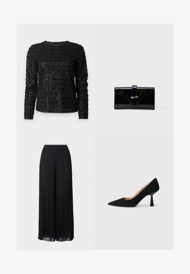 Top negro de manga larga con un patrón de cuadrícula de pequeñas cuentas brillantes sobre una tela lisa. Cuello redondo y silueta ajustada.; Pantalones anchos de pierna amplia, plisados y color negro, con una cinturilla elástica. Fabricados en un tejido ligero, con pliegues verticales en toda su extensión.; Zapato de tacón alto de ante negro con punta afilada, que cuenta con un tacón de bloque negro brillante y un forro interior suave.; Cartera rectangular negra y brillante con una correa frontal y cierre de broche metálico plateado, colocada sobre un fondo blanco liso.
