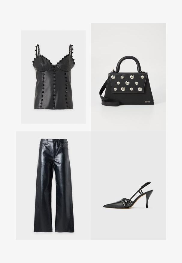 Top sin mangas de cuero sintético negro con copas acolchadas, doble tirante fino y filas verticales de adornos de cuentas negras redondas.; Pantalones de cuero negro brillante con corte recto y de pierna ancha, bolsillos delanteros, trabillas para cinturón y cierre con botón en la cintura.; Zapato de tacón alto de charol negro con punta afilada, diseño de tiras entrecruzadas y tacón de aguja delgado. Textura suave y acentos mínimos.; Bolso de mano negro con forma estructurada, que cuenta con un asa superior, una correa para el hombro y remaches metálicos decorativos en la parte frontal.