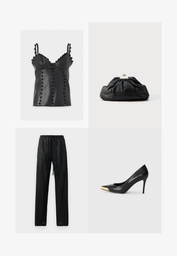 Haut sans manches en faux cuir noir avec bonnets rembourrés, doubles fines bretelles et rangées verticales de perles noires rondes en décoration.; Pantalons noirs légers avec une surface texturée et brillante. Ils sont dotés d'une taille élastique avec un cordon de serrage et d'une coupe ample.; Pompe à talon haut en cuir noir avec bout pointu ; présente une accentuation métallique dorée sur le capuchon. Surface lisse avec un design épuré.; Pochette en cuir noir avec une texture plissée, fermeture à fermoir métallique, et logo embossé discret sur le devant. Forme arrondie.