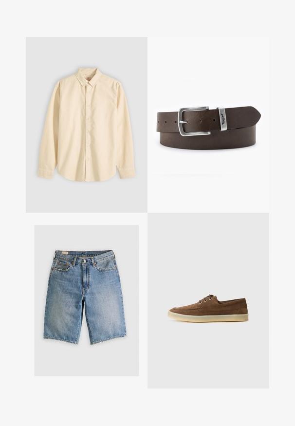 Langærmet beige skjorte med knapper og krave, lagt fladt med knapperne lukket og manchetterne knappede på en lys baggrund.; Lyseblå denimshorts med klassisk snit. Har fem lommer, orange stikninger og rå skærmkanter.; Brune ruskindssko med lav profil, snørebåndsdesign, gummisål og kontrasterende syninger. Simpel og funktionel stil.; Brunt læderbælte med spænde i sølvmetal, der har en rektangulær form og flere justeringshuller til størrelse.