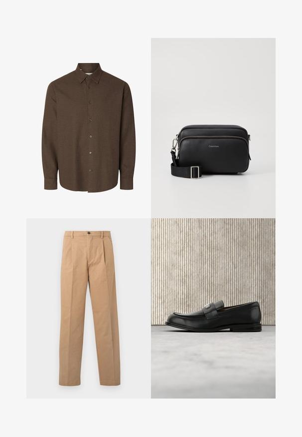 Bruin overhemd met lange mouwen en knopen, klassieke kraag en manchetten met één knoop, afgebeeld tegen een witte achtergrond.; Khaki broek met een rechte pijpdesign, gemaakt van katoen; heeft een enkele knoopsluiting en twee voorplooien.; Zwarte leren loafer met een metalen merktekenplaatje, rustend bij een bruine ronde tafel op een beige tapijtvloer.; Zwarte leren schoudertas met twee ritscompartimenten, gestructureerd afwerking, verstelbare schouderband en zilveren hardware-accenten. Calvin Klein-logo zichtbaar.