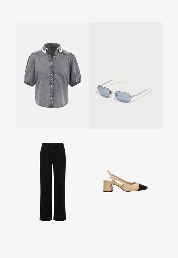 Kortemouwen vervaagde zwarte denim blouse met witte kanten kraag en elastische manchetten, knoopsluiting aan de voorkant.; Zwarte denim jeans met rechte pijpen en een hoge taille, voorzien van voorkruis zakken, een knoopsluiting en strakke lijnen zonder versieringen.; Beige slingback hak met een zwarte lakleder teenkap, vierkante blokhak en een verstelbare band met gesp. Gladde textuur overal.; Blauwtint ovale zonnebrillen met een dunne zilveren metalen montuur en witte oorsteunen; beschikt over decoratieve details op het montuur.