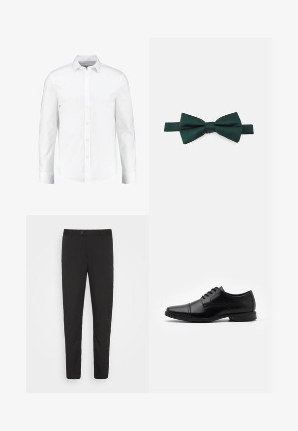 Chemise blanche à manches longues à boutons, fabriquée en coton lisse. Dotée d'un col classique et d'une fermeture à boutons à l'avant avec un ourlet droit.; Pantalons noirs taillés avec une coupe droite, poches avant et fermeture à bouton. Fabriqués en tissu lisse avec un léger éclat.; Chaussure habillée en cuir noir avec un bout pointu, un design à lacets, des détails de couture subtils et une semelle en caoutchouc texturée, basse.; Papillon en satin vert foncé avec une forme classique. Présente un nœud central et une sangle ajustable pour le confort. Texture lisse, design épuré.