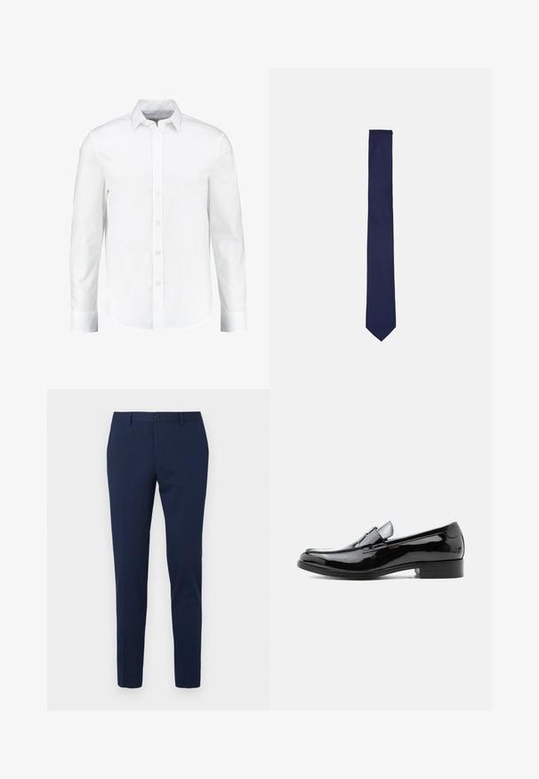 Camisa blanca de manga larga con botones, confeccionada en algodón suave. Presenta un cuello clásico y una parte delantera con botones, con un dobladillo recto.; Pantalones de vestir color azul marino con diseño de pierna recta, hechos de un tejido suave. Cuentan con cierre frontal de botón y dos bolsillos laterales.; Zapato tipo mocasín para hombre de charol negro con tacón bajo, punta redondeada y detalle de correa sobre el empeine, sobre fondo blanco.; Corbata de seda azul marino, diseño slim con punta afilada, textura suave, color uniforme sin patrones ni acentos.
