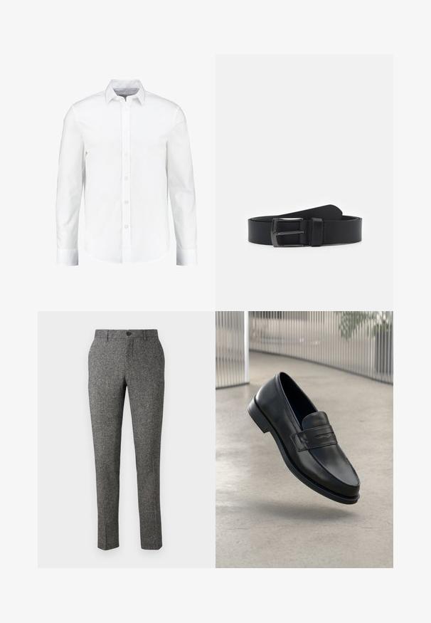 Weißes langärmliges Hemd mit Knöpfen aus glattem Baumwollstoff. Verfügt über einen klassischen Kragen und eine durchgehende Knopfleiste mit geradem Saum.; Lindbergh PANTS - Stoffhose - brown; Schwarzer Lederloafer mit glatter Textur, spitzer Zehe und einem dekorativen Riemen über dem Rist. Leichte Sohle, minimalistisches Design.; Schwarzer Leder-Gürtel mit glatter Textur, ausgestattet mit einer silberfarbenen Metallschnalle und einem klassischen Design. Verstellbare Länge, minimalistischer Stil.