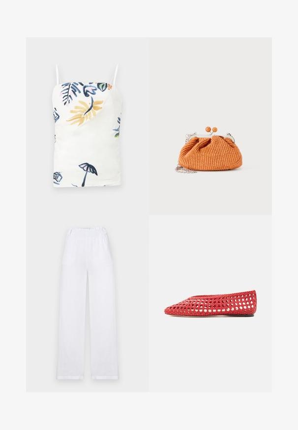 Hvid top med fine spaghetti-stropper, prydet med et farverigt blomster- og tropisk print i blå, gul, pink og grøn.; Hvide linned bukser med vid ben, der har elastisk talje, to sidelommer og en lige silhuet med opfoldede søm.; Rød vævet flad sko med åbent gitterdesign og solid sål, vist fra siden på en hvid baggrund.; Lille orange flettet clutch-pung med sølvmetalramme, rund lukning og en sølvkæde-rem på en hvid baggrund.
