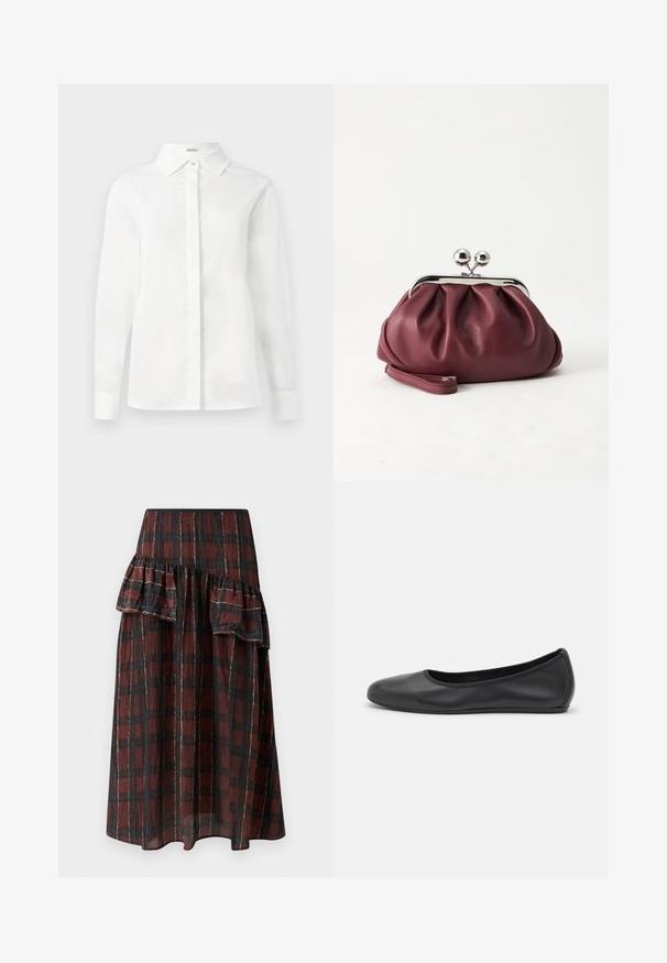 Witte lange mouwen overhemd van zachte katoen, met een puntige kraag, centrale knoopsluiting en rechte zoom met geknoopte manchetten.; Maxi rok in donkerrood en zwart geruit patroon, met gelaagde ruffles bij de taille, gemaakt van lichtgewicht stof met een zachte textuur.; Zwarte leren ballerina met een ronde neus, gladde textuur, minimale stikdetails en een flexibele zoolontwerp.; Kleine bordeauxrode leren clutch-portemonnee met zilverkleurige metalen sluiting en polsbandje op een witte achtergrond.