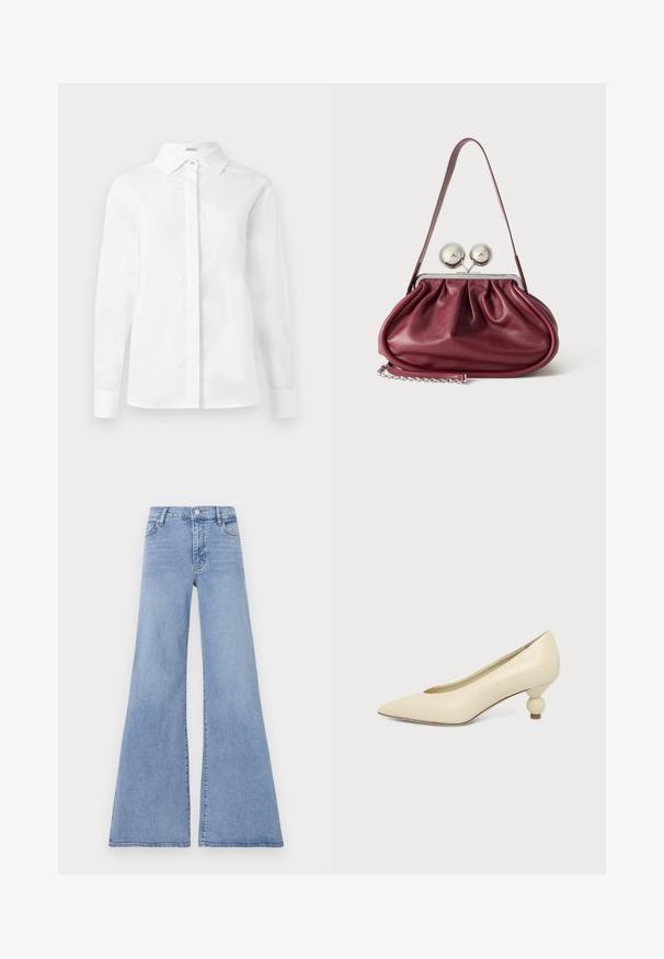 Chemise blanche à manches longues en coton lisse, avec un col pointu, un plastron central à boutons et un ourlet droit avec des poignets boutonnés.; Jeans évasés bleu clair en denim, avec une taille haute, un design à cinq poches et des détails de couture subtils le long des coutures.; Chaussure femme couleur crème à bout pointu avec un petit talon rond en forme de boule, sur fond uni.; Petit sac à main en cuir bordeaux avec des détails froncés, une fine bandoulière et une fermeture argentée comportant deux gros boutons ronds.
