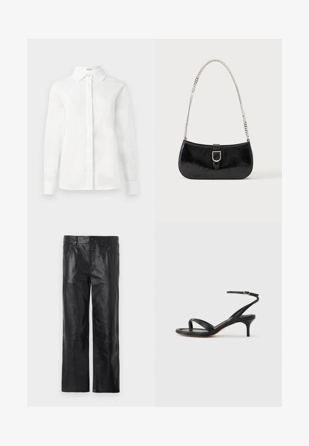 Camisa blanca de manga larga hecha de algodón suave, con un cuello puntiagudo, una tapeta central de botones y un dobladillo recto con puños abotonados.; Pantalones de cuero negro con un diseño de pierna recta, que cuentan con una cinturilla con cierre de botón y bolsillos, textura suave y detalles de costura visibles.; Sandalia negra de cuero para mujer con tiras finas, un lazo para el dedo del pie, hebilla en el tobillo y tacón de aguja de altura media sobre un fondo neutro.; Bolso de hombro de charol negro con detalle de hebilla plateada y correa de cadena plateada, presentado sobre un fondo liso y claro.