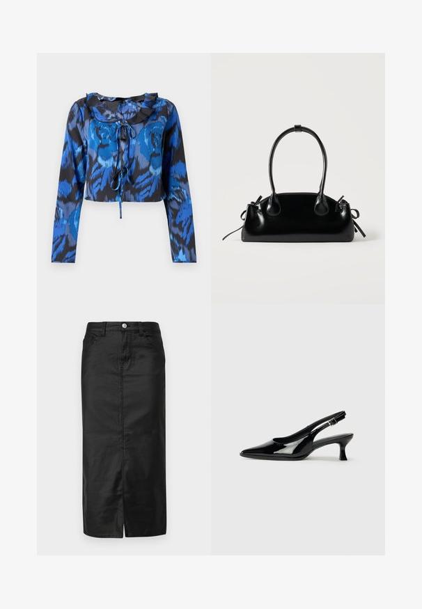 Haut court à manches longues imprimé bleu et noir avec un col froncé et un détail à nouer à l'avant. Tissu lisse avec une coupe décontractée.; Jupe midi en denim noir avec fente avant, design à cinq poches et fermeture à bouton en métal. Texture lisse et forme classique droite.; Escarpins en cuir verni noir avec un bout pointu et un petit talon carré. Sangle réglable à la cheville avec boucle.; Petit sac à main noir brillant avec deux longues anses et des détails à cordon sur les côtés sur un fond clair uni.