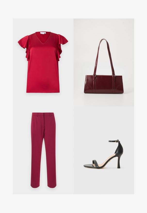 Blouse en satin rouge avec manches courtes volantées et décolleté en V, posée à plat sur un fond blanc.; Pantalon bordeaux en tissu lisse avec une coupe droite, équipé d'une ceinture, de passants pour ceinture et de poches latérales. Aucun détail décoratif.; Sandale à talons hauts en cuir noir avec une fine bride de cheville, bout ouvert et un talon élégant et courbé. Semelle texturée et design minimaliste.; Sac à main bordeaux en matériau brillant, de forme rectangulaire, avec deux anses et des accents légèrement courbés à l'avant.