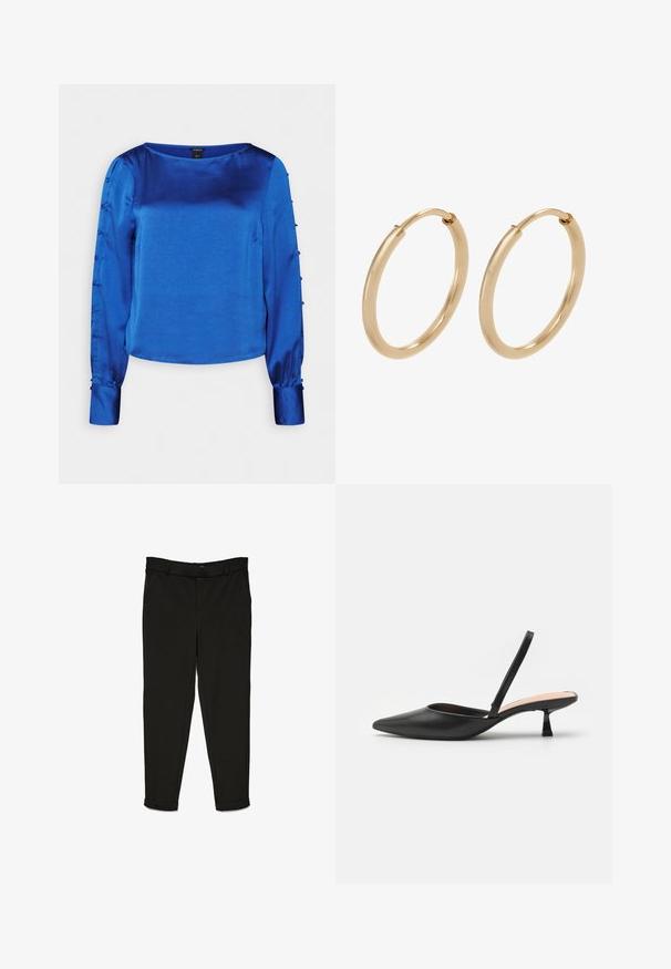 Lindex BLOUSE PENNY - Bluse - blue; Sorte bukser lavet af vævet stof med et lige snit, flad front og manchetter ved anklerne for et strømlinet look.; Sorte slingback-pumper med spidse tå, elegant mat finish, lav vinkelhæl og minimalistisk design. Har en tynd ankelrem.; Guldøreringe med en glat, poleret overflade. Rund form, mellemstor, med en sikker lukkemekanisme.