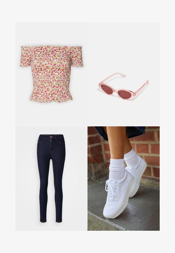 Valge off-the-shoulder top, mis on kaunistatud värvika lillemustriga, smockitud tekstuuriga ning lühikeste varrukatega, millel on volangmuhud.; Tumedad sinised skinny teksad, mis on valmistatud denimist, varustatud tõmblukuga ja nööbiga sulgemisega, kontrastõmblustega õmbluste juures.; Valged kanvas tennisikud kummitaldadega, kuue silmaga, ümmarguse varbaga ja kergete tikandite detailidega, koos valgete pahkluusokkidega.; Roosa läbipaistvusega prillid ovaalsete läätsedega, tumepunase varjundiga ja peenikeste varsidega, millel on sile viimistlus ja peened detailid raamile.