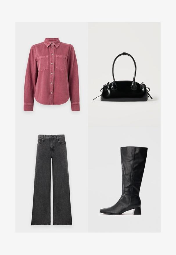 Chemise rose fanée à manches longues, boutonnée, avec col et deux poches poitrine, présentée sur un fond blanc uni.; Jean en denim noir à jambes larges avec cinq poches et fermeture par boutons, présenté à plat sur un fond blanc.; Botte en cuir noire mi-mollet avec un bout pointu et un talon bloc sur fond clair.; Petit sac à main noir brillant avec deux longues anses et des détails à cordon sur les côtés sur un fond clair uni.