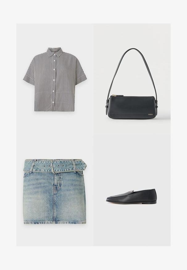 Chemise à manches courtes à rayures noires et blanches avec un col bouton-down, présentant une coupe carrée et un devant uni avec un minimum de détails.; Jupe en denim mini avec un délavage bleu clair, dotée d'une taille ceinturée avec une boucle en métal, cinq poches et un léger effet dégradé pour la texture.; Mocassins en cuir noir à texture lisse, bout arrondi et détails de couture subtils. Ils présentent un accent logo doré sur le côté supérieur.; Sac à bandoulière rectangulaire en cuir noir avec fermeture éclair dorée et petit logo "HUGO" doré sur le devant, doté d'une sangle réglable avec boucle.