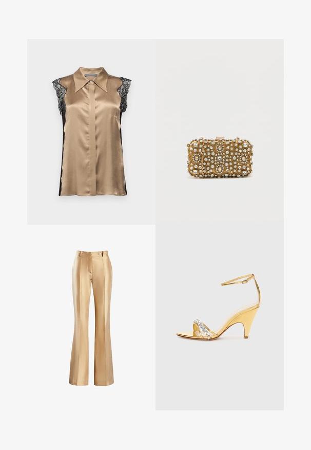 Alberta Ferretti BLOUSE - Blouse - beige; Beige satijnen flared broek met een gladde textuur, voorzien van een rits aan de voorkant en een enkele knoopsluiting. Twee zijzakken en plooidetails.; Gouden sandalen met hakken en een gestructureerd ontwerp, met een band versierd met steentjes. Open teen, verstelbare enkelriem en een taps toelopende hak.; Gouden clutch met intrikate kraal- en strasstenen versieringen. Rechthoekige vorm, sluiting met clasp en een afneembare schouderriem.