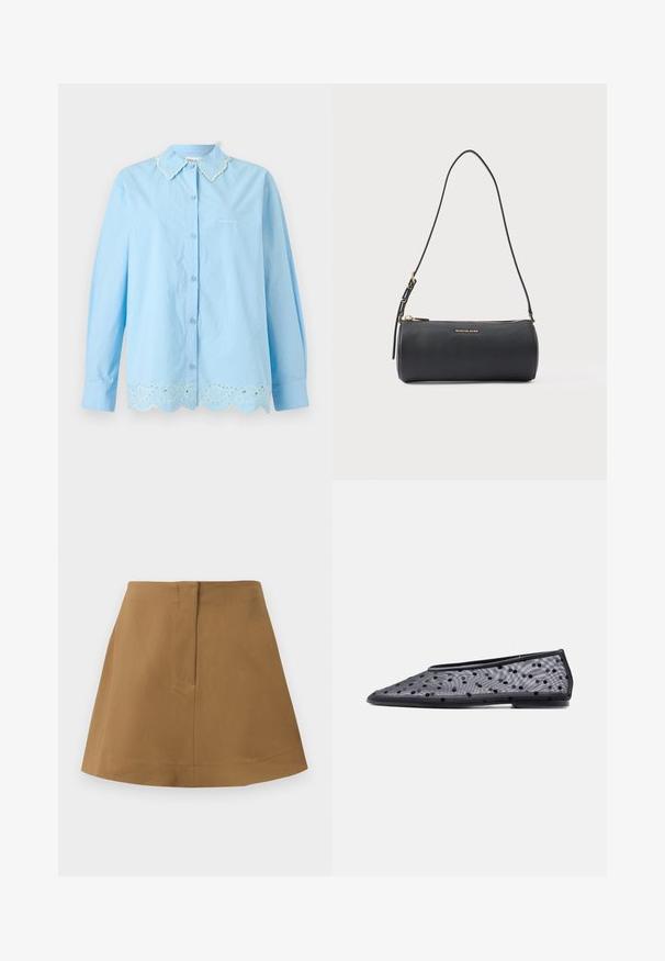 Camisa azul claro de manga larga con botones, con cuello y bajo con bordados y diseño ondulado, con texto sutil "STINE GØYA" en el pecho.; Falda marrón con una silueta acampanada, hecha de una tela suave. Presenta una cinturilla simple y un detalle de costura en la parte posterior.; Zapato plano negro con puntera puntiaguda, tela translúcida y un patrón de lunares negros sobre un fondo claro.; Bolso de hombro cilíndrico negro de cuero con cremallera dorada y logo "Michael Kors" en el frente, correa ajustable con hebilla.