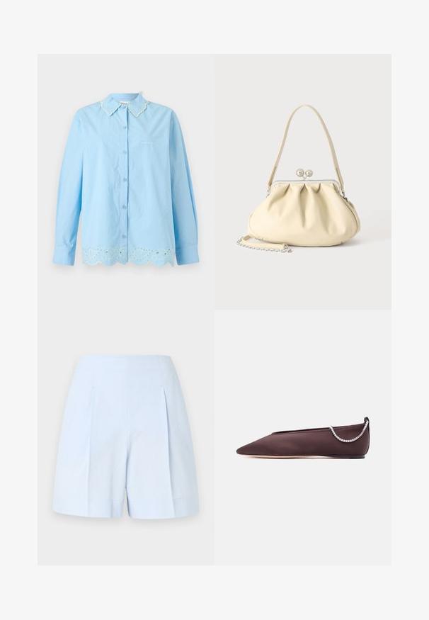 Chemise bleu clair à manches longues, boutonnée, avec col et ourlet brodés festonnés, avec un texte discret « STINE GØYA » sur la poitrine.; Shorts en tissu texturé bleu clair avec taille haute, plis devant et larges ourlets sur un fond uni.; Chaussure plate marron foncé à bout pointu avec un petit talon et un détail chaîne en strass argentée à l'arrière.; Sac à main en cuir souple couleur crème avec un design froncé, fermoir cadre argenté, poignée courte et bandoulière chaîne amovible.