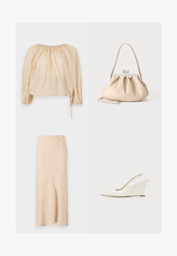 Beige Bluse mit Puffärmel aus leichtem Baumwollstoff. Mit gerafftem Ausschnitt und Kordelzug am Saum für eine verstellbare Passform. Glatte Textur.; Beige Midi-Rock mit diagonaler Rippstruktur, asymmetrischem Saum und weichem Gewebe. Glatte Oberfläche, leichtes Design.; Weißer Slingback Keilabsatz-Schuh aus Lackleder mit spitzer Schuhspitze und verstellbarem Schnallenriemen vor einfarbigem Hintergrund.; Beige weiche Lederhandtasche mit silbernem Metallrahmenverschluss, einem Schulterriemen und einem optionalen Kettenriemen auf weißem Hintergrund.