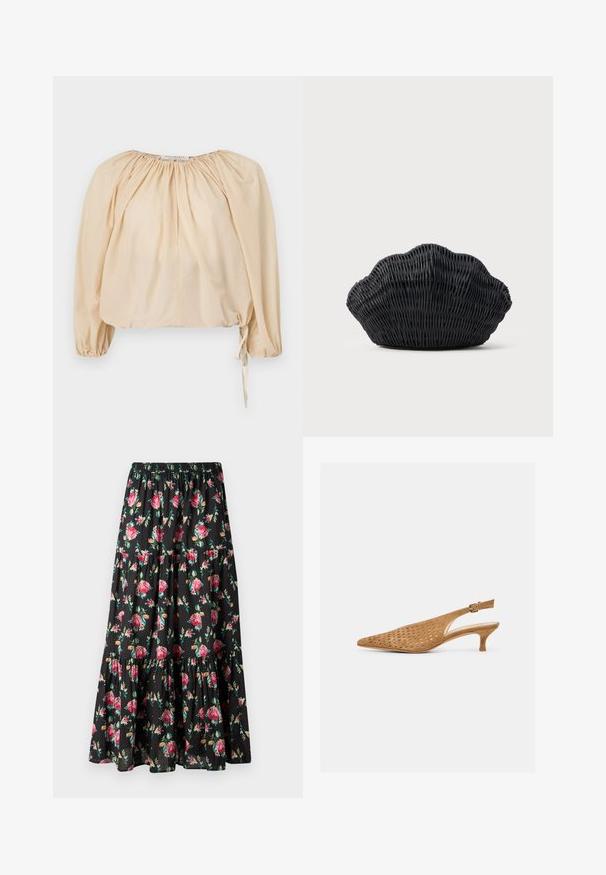Puffærmet, beige bluse i let bomuld. Har rynket halsudskæring og snoretræk i kanten for justerbar pasform. Glat tekstur.; Lang sort nederdel med et lagdelt design, der har et blomstermønster af pink roser og grønne blade, lavet af letvægtsstof. Elastisk talje.; Sandfarvet ruskind slingbacksko med spids tå, perforeret overdel og lav kitten-hæl, med justerbar spænderem.; Sort flet håndtaske formet som en muslingeskal med en buet top og flettet tekstur på en ensfarvet baggrund.