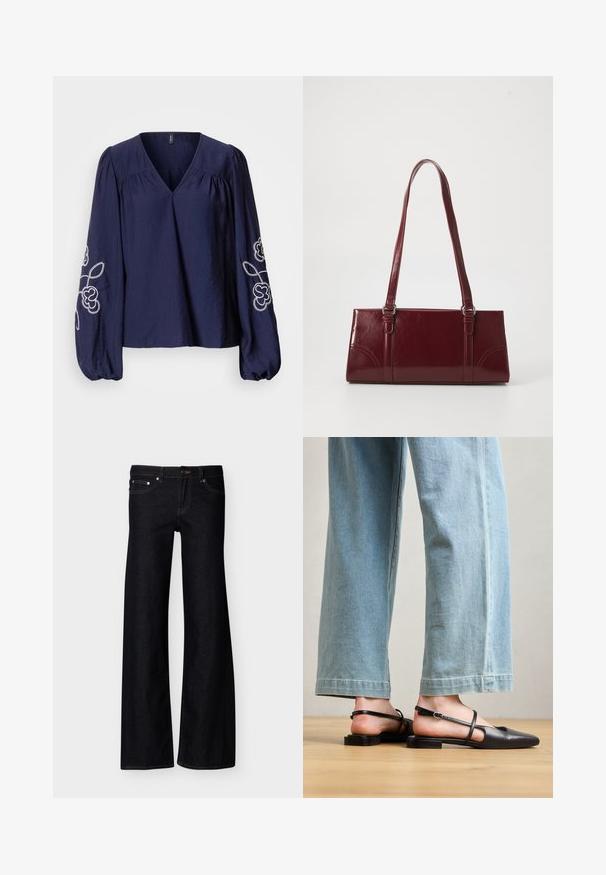 Marineblaue Bluse mit V-Ausschnitt, gerafften Details und langen, gepufften Ärmeln mit weißer Blumenstickerei an den Manschetten.; Schwarze Jeans mit weitem Bein, Vordertaschen, Knopfverschluss und sichtbaren Nähten, präsentiert vor einem schlichten weißen Hintergrund.; Schwarze Lederslingback-Schuhe mit spitzer Zehe, flachem Absatz und Knöchelriemen; getragen mit hellblauen, weit geschnittenen Jeans.; Burgunderfarbene Handtasche aus glänzendem Material, rechteckige Form, mit zwei Schulterriemen und subtilen, geschwungenen Akzenten an der Vorderseite.