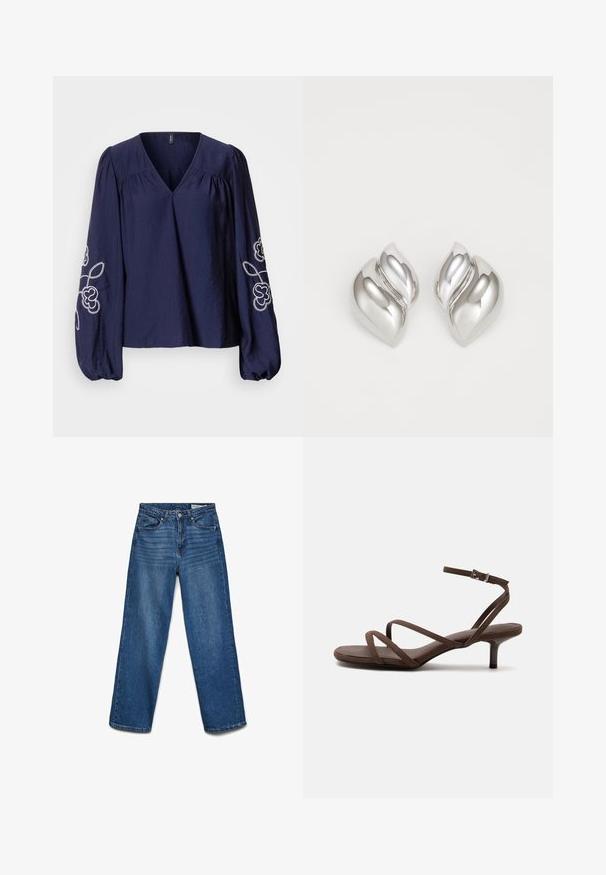 Blusa azul marino con escote en V, detalles fruncidos y mangas largas abullonadas con bordado floral blanco en los puños.; Vaqueros azules de pierna recta con botón y cremallera delanteros, cinco bolsillos y detalles sutiles de desgaste en los muslos.; Sandalia marrón de tacón alto con tiras finas cruzadas y una correa en el tobillo con una hebilla plateada sobre un fondo blanco.; Pendientes de plata con una forma orgánica y abstracta. Superficie lisa y brillante con un diseño cónico. Presentan suaves curvas y un detalle de línea central.