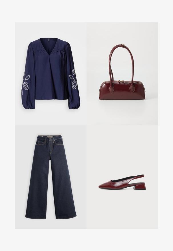 Marineblauwe blouse met V-hals, geplooide details en lange pofmouwen met witte bloemrijke borduring op de manchetten.; Wijde denim jeans in donkerblauw met contrasterende stiksels. Bevat een traditionele vijf-pocketontwerp en een knoopsluiting in de taille.; Maroon leren slingback schoen met puntige neus en lage blokhak, zijaanzicht op een effen lichte achtergrond.; Bordeaux leren handtas met een gebogen vorm, dubbele handvatten, ritssluiting en subtiele stiksels. Gladde, hoogglanzende afwerking.