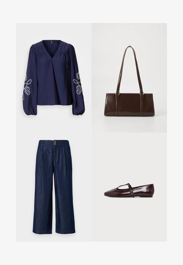 Marineblaue Bluse mit V-Ausschnitt, gerafften Details und langen, gepufften Ärmeln mit weißer Blumenstickerei an den Manschetten.; Weite Denim-Hosen in Dunkelblau mit doppeltem Knopfverschluss, ausgestattet mit Falten, einer glatten Textur und einem geraden Saum.; Dunkelburgunderfarbener flacher Lederschuh mit spitzer Spitze und einem dünnen T-Riemen mit silberner Schnalle auf weißem Hintergrund.; Braune Lackleder-Handtasche in rechteckiger Form, mit zwei langen Griffen und subtilen, geschwungenen Akzenten auf der Vorderseite.