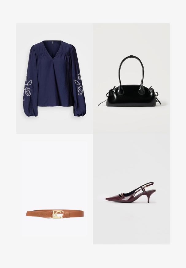 Marineblauwe blouse met V-hals, geplooide details en lange pofmouwen met witte bloemrijke borduring op de manchetten.; Bruine leren riem met een gesp in goudkleur met een uitgesneden logoontwerp. Gladde textuur, met verstelgaatjes voor maatvoering.; Bordeaux slingback hakken met een spitse neus, glanzende leren afwerking, kleine uitsnijding aan de voorkant en een slanke stilettohak met gouden accenten.; Kleine zwarte glanzende handtas met twee lange hengsels en zijkant trekkoord details op een effen lichte achtergrond.